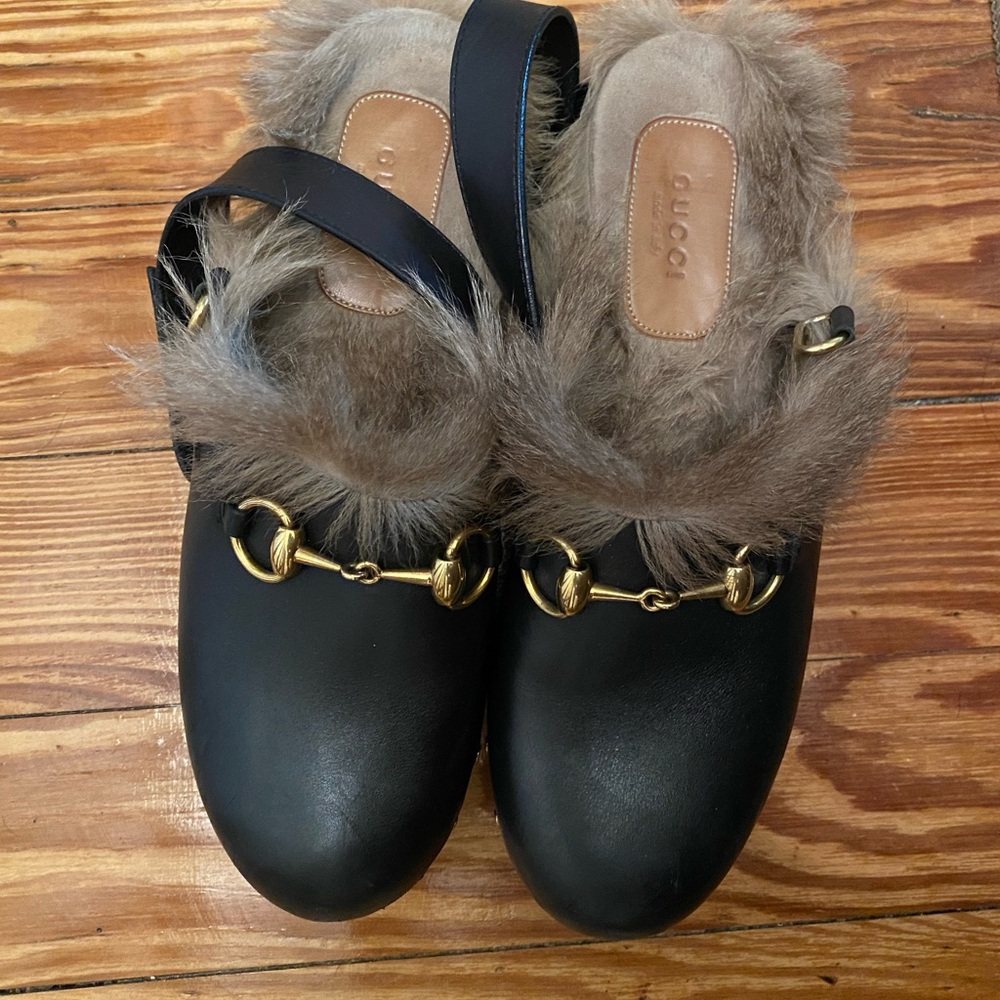Gucci Black Mules with Gold Accents and Fur Trim